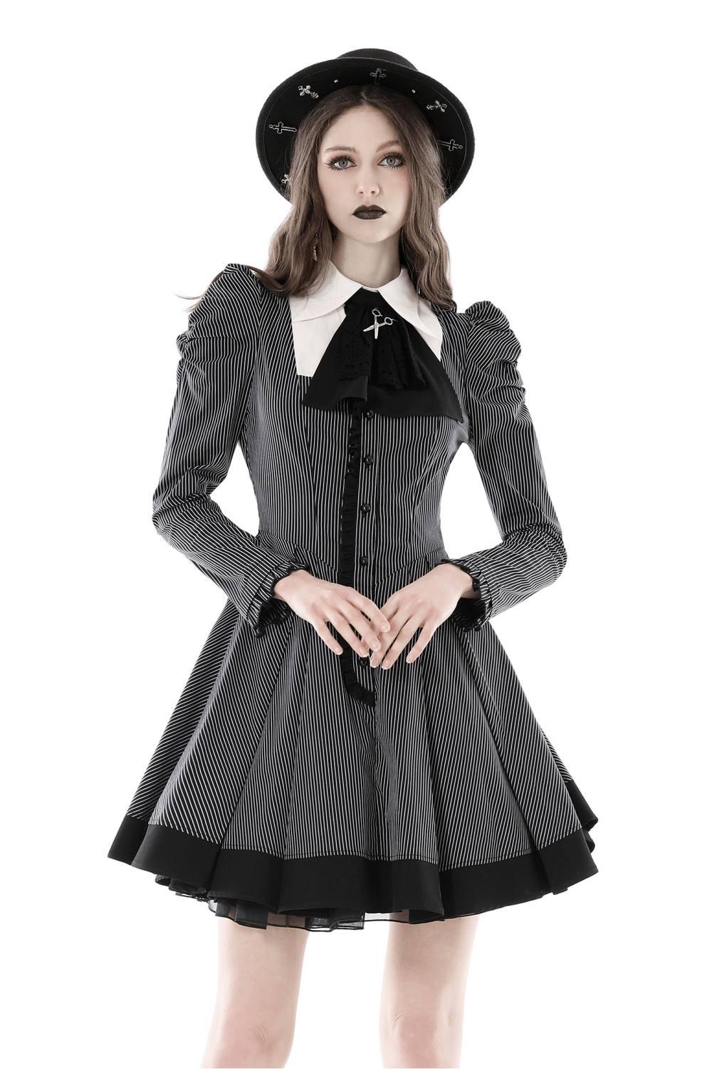 Steampunk Striped Dress with Ruffled Sleeves and Bow