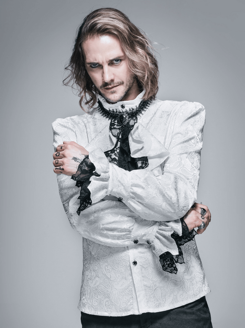 US SALE of Steampunk Shirt With Tie Collar / Male Vintage Pattern Long Sleeves Shirts