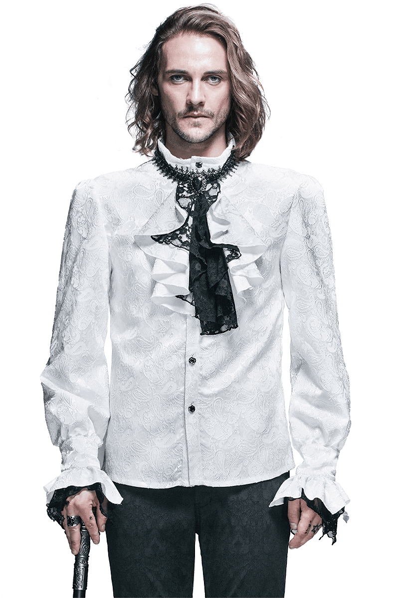 US SALE of Steampunk Shirt With Tie Collar / Male Vintage Pattern Long Sleeves Shirts