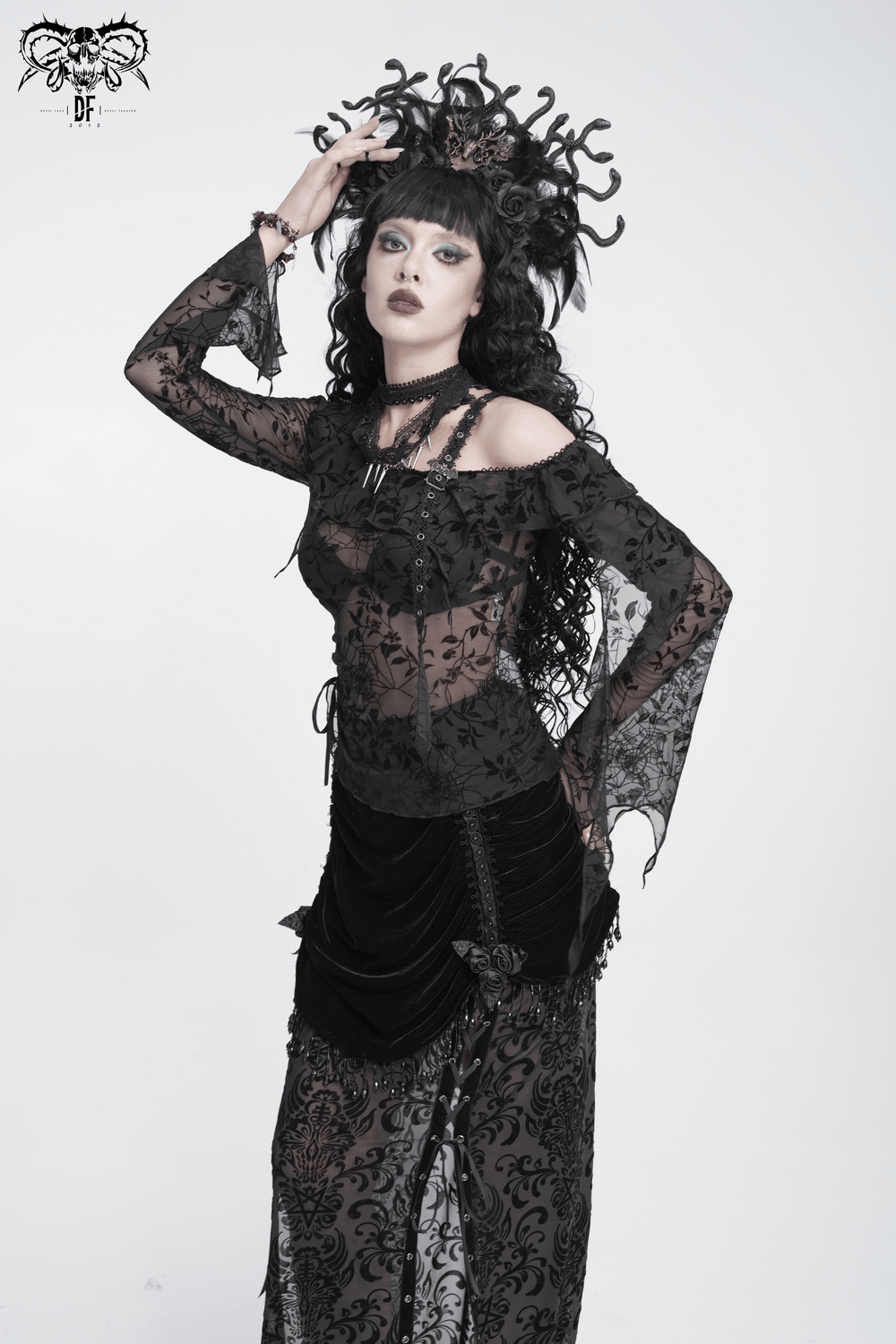Striking Lace Choker Necklace with Spikes and Cross Charms
