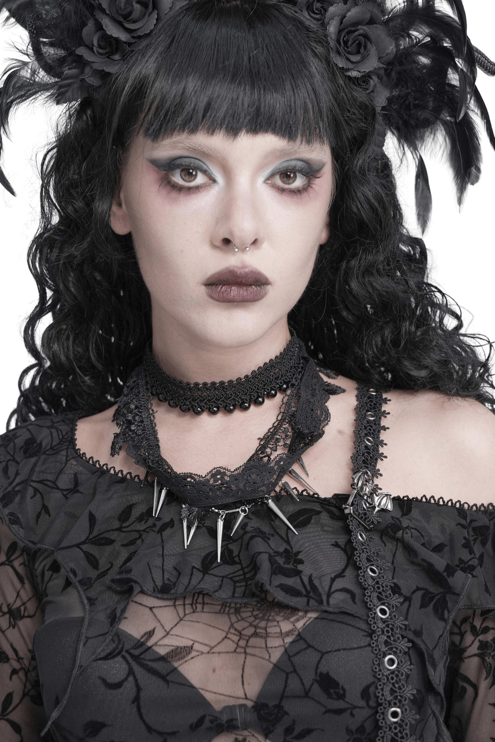 Striking Lace Choker Necklace with Spikes and Cross Charms