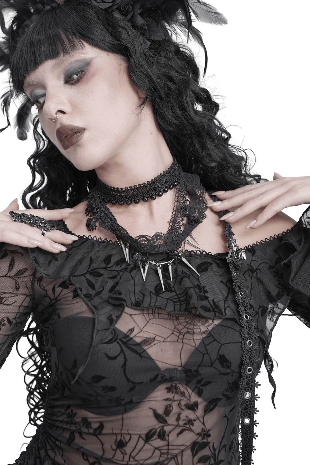Striking Lace Choker Necklace with Spikes and Cross Charms