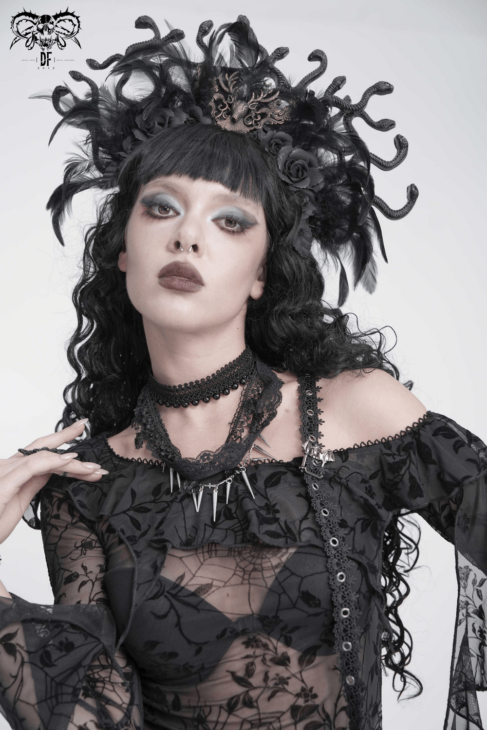 Striking Lace Choker Necklace with Spikes and Cross Charms