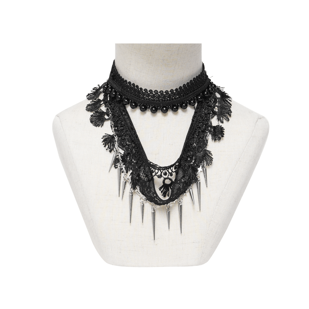 Striking Lace Choker Necklace with Spikes and Cross Charms