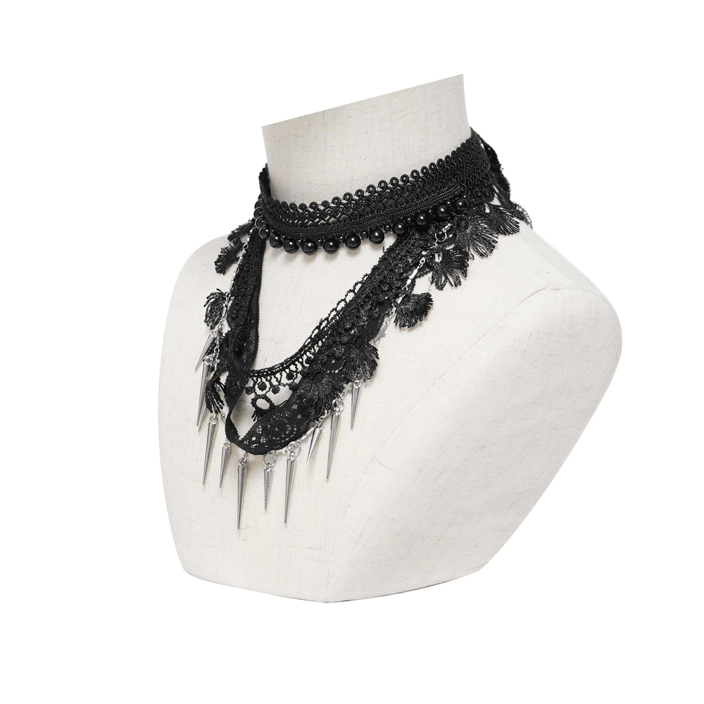 Striking Lace Choker Necklace with Spikes and Cross Charms
