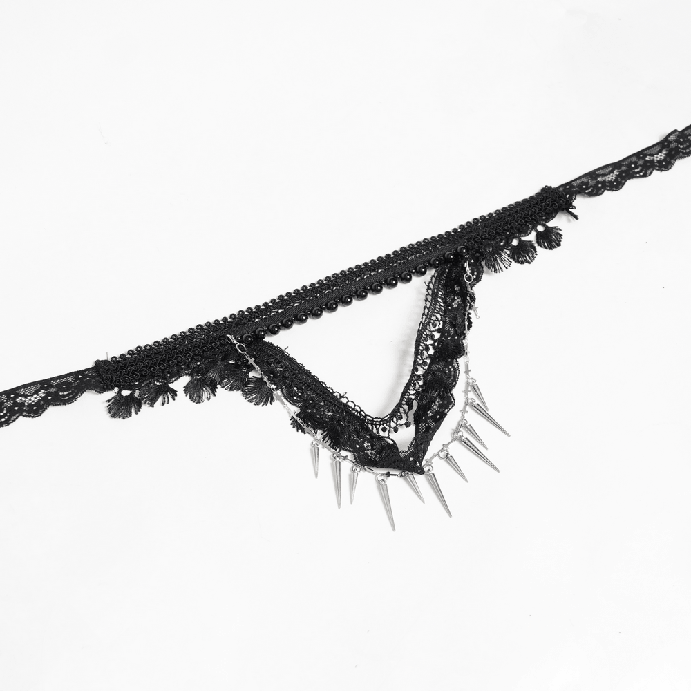Striking Lace Choker Necklace with Spikes and Cross Charms