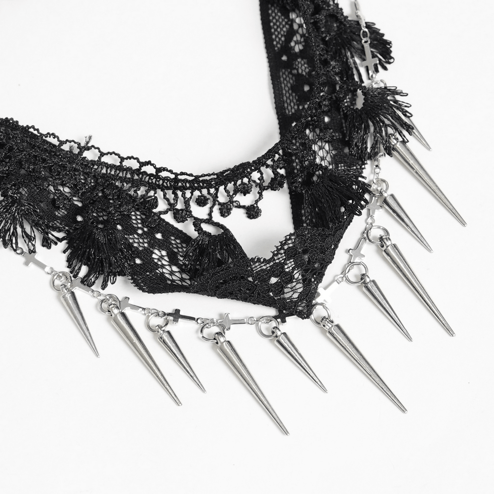 Striking Lace Choker Necklace with Spikes and Cross Charms