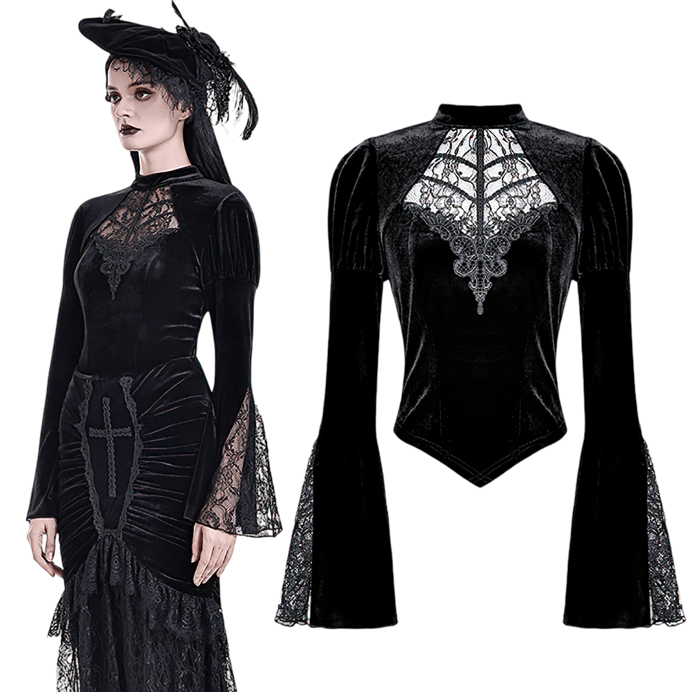 Striking Lace Flare Sleeved Velvet Top for Women