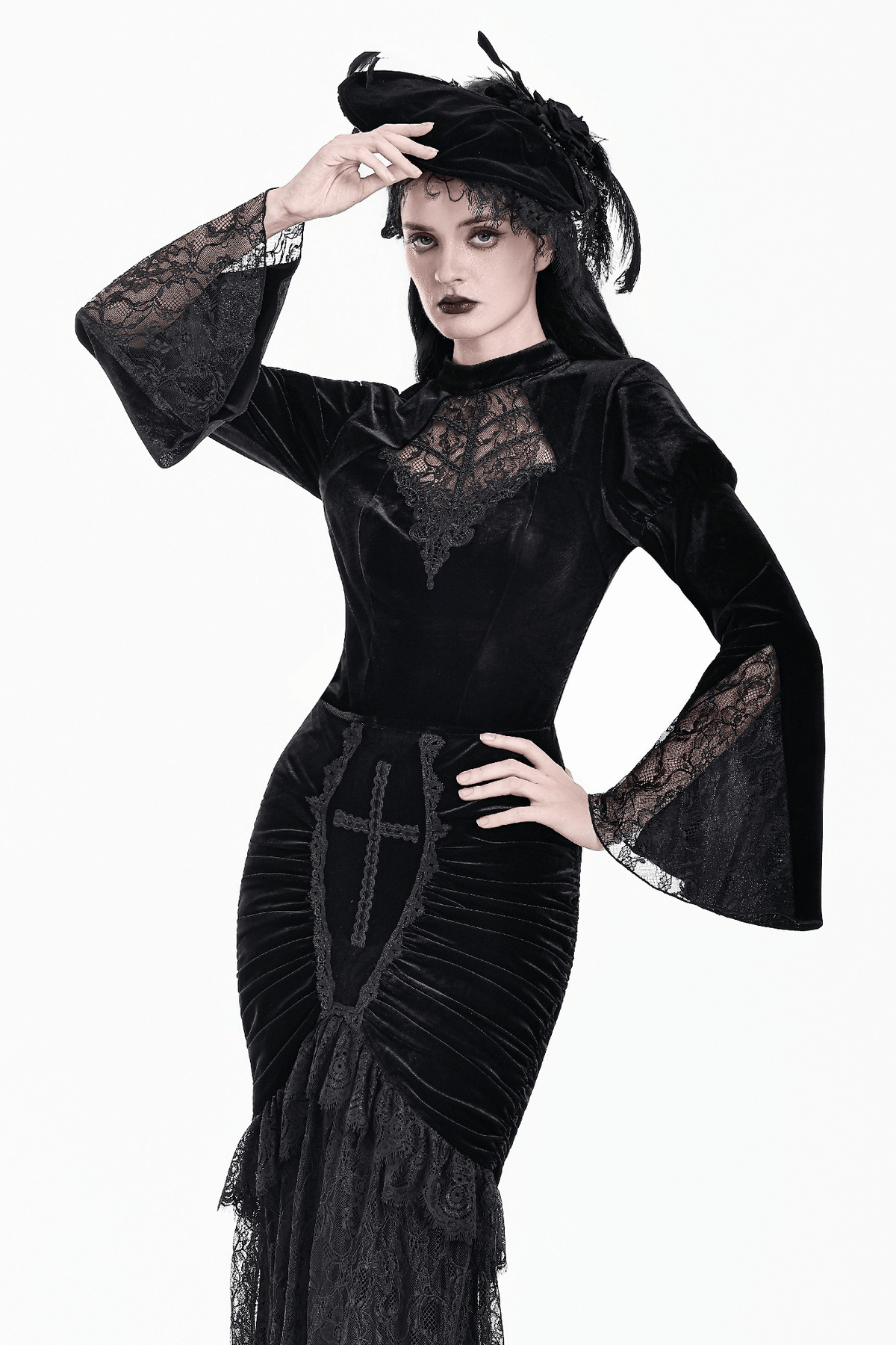 Striking Lace Flare Sleeved Velvet Top for Women