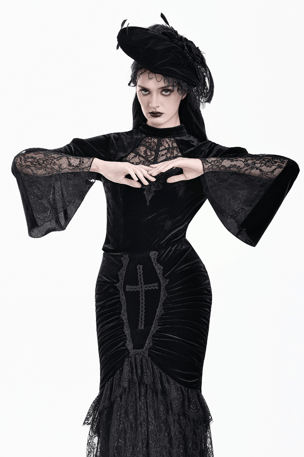 Striking Lace Flare Sleeved Velvet Top for Women