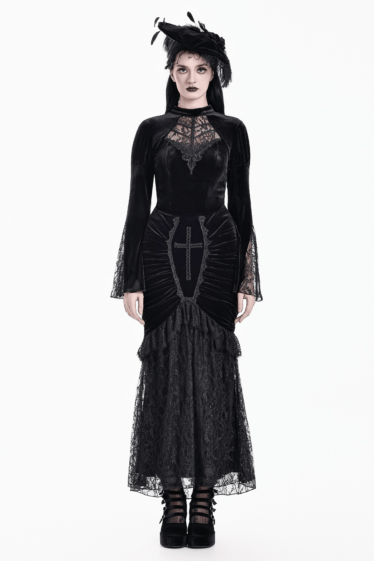 Striking Lace Flare Sleeved Velvet Top for Women