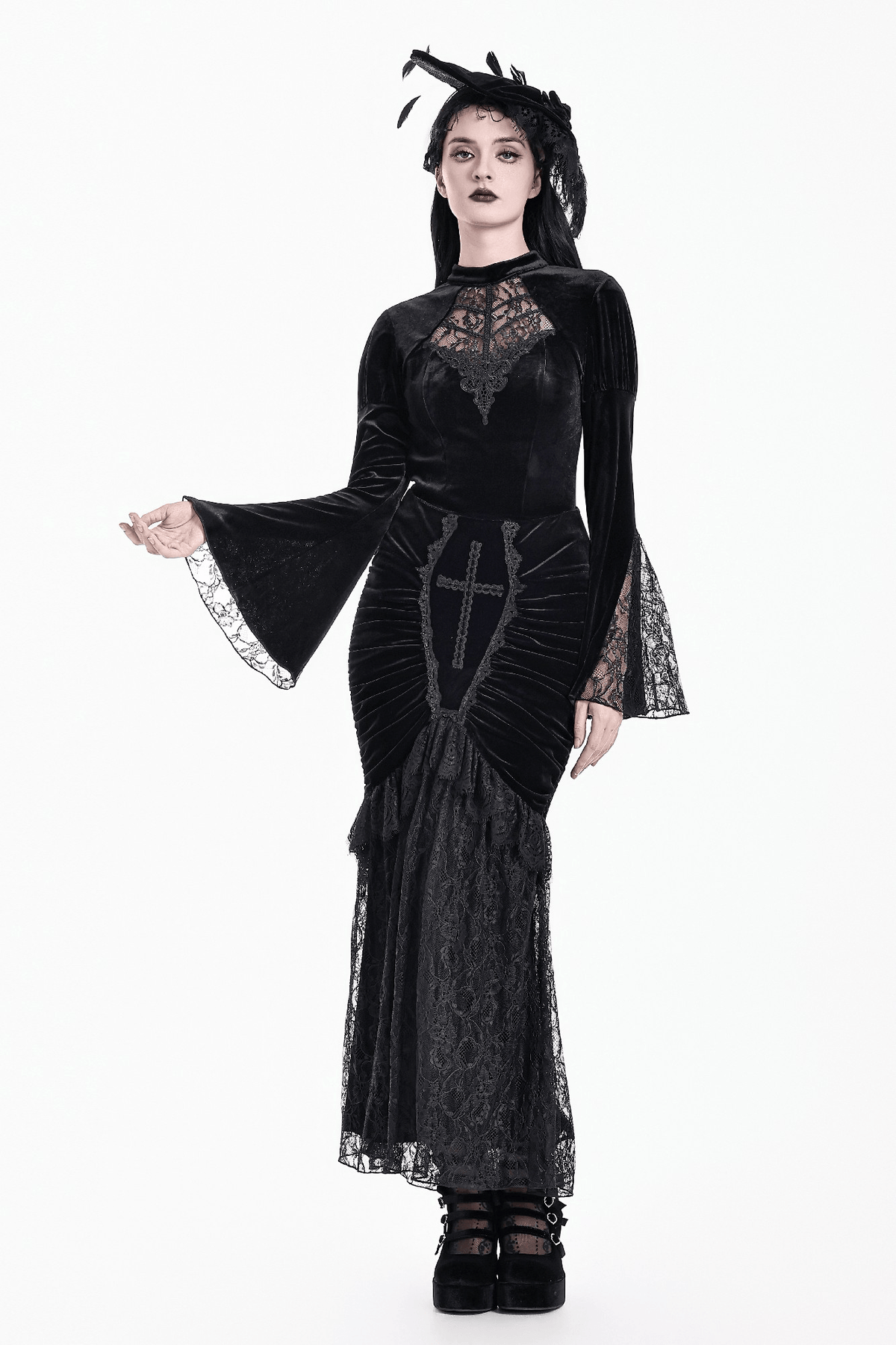 Striking Lace Flare Sleeved Velvet Top for Women