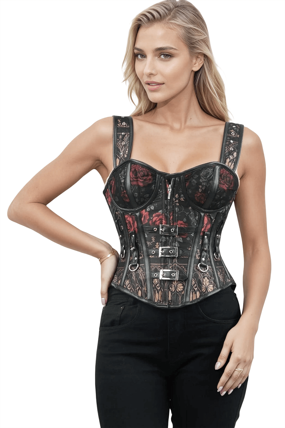 Striking Overbust Corset with Buckles and Floral Print
