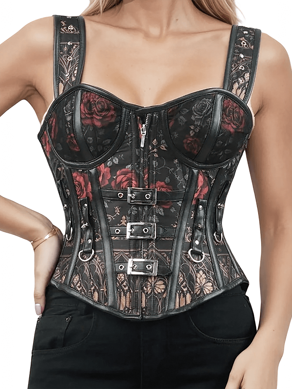 Striking Overbust Corset with Buckles and Floral Print