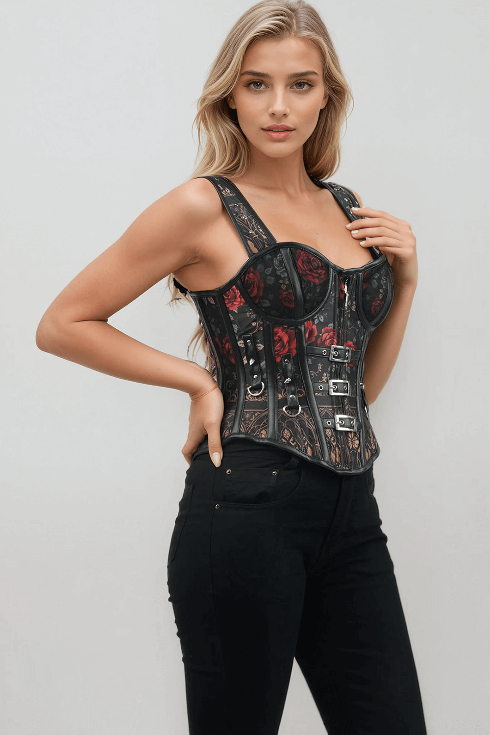 Striking Overbust Corset with Buckles and Floral Print