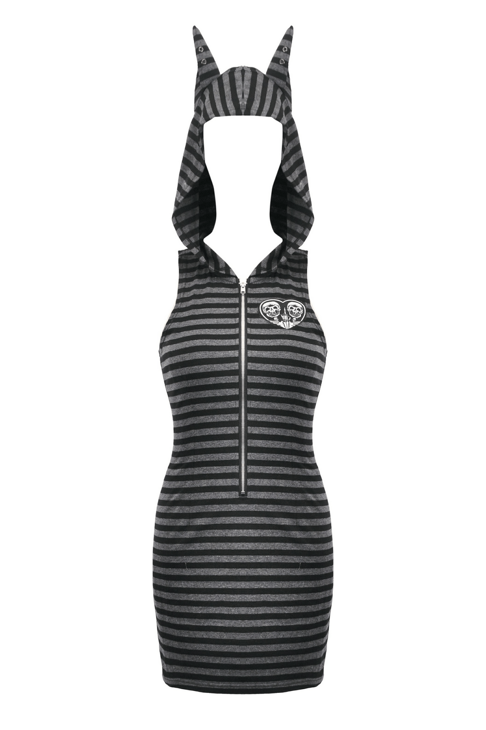 Striped Gothic Hooded Dress with Skull and Heart Detail