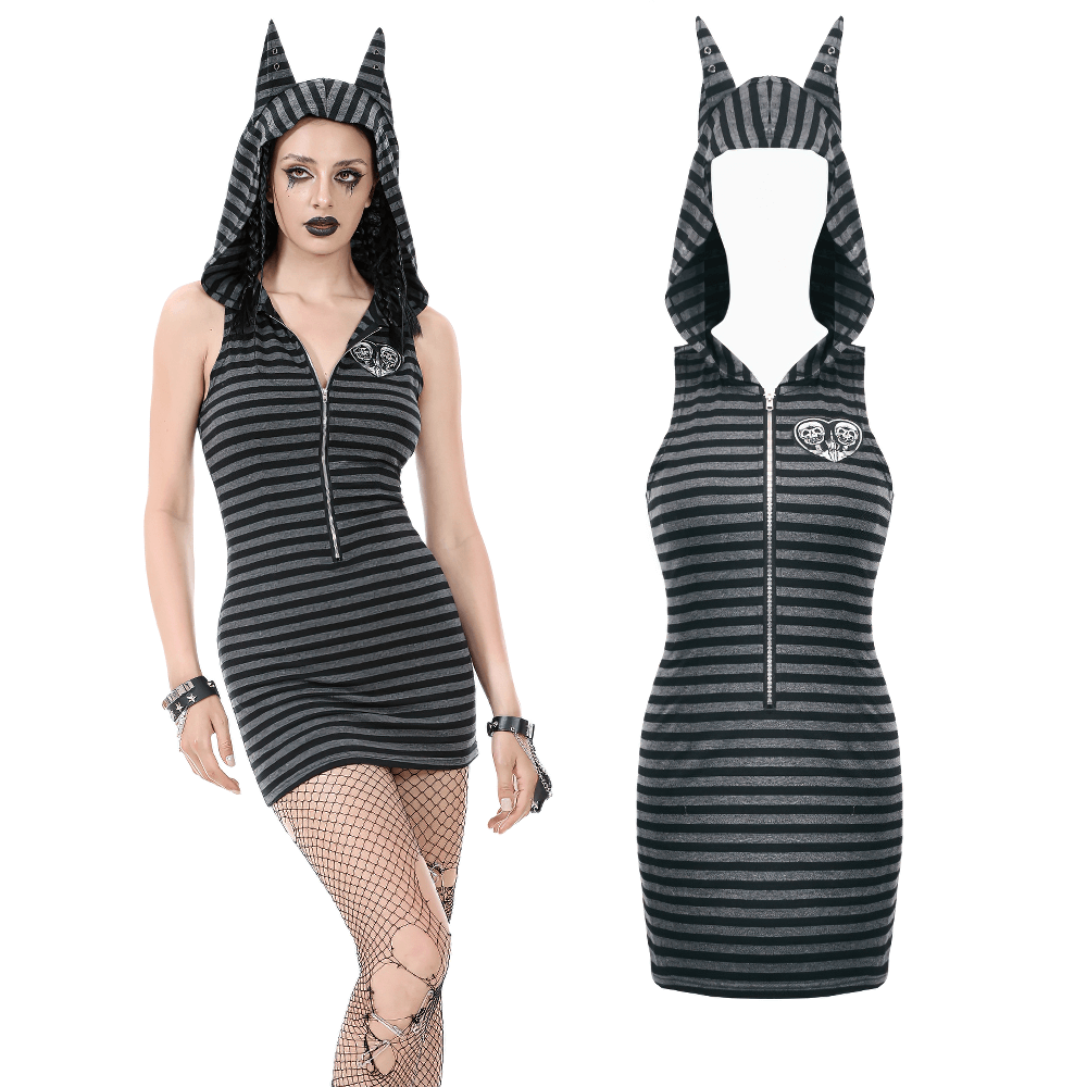 Striped Gothic Hooded Dress with Skull and Heart Detail