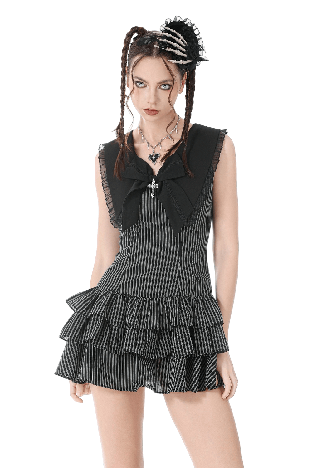 Striped Ruffle Dress with Bow and Lace-Up Back for Women
