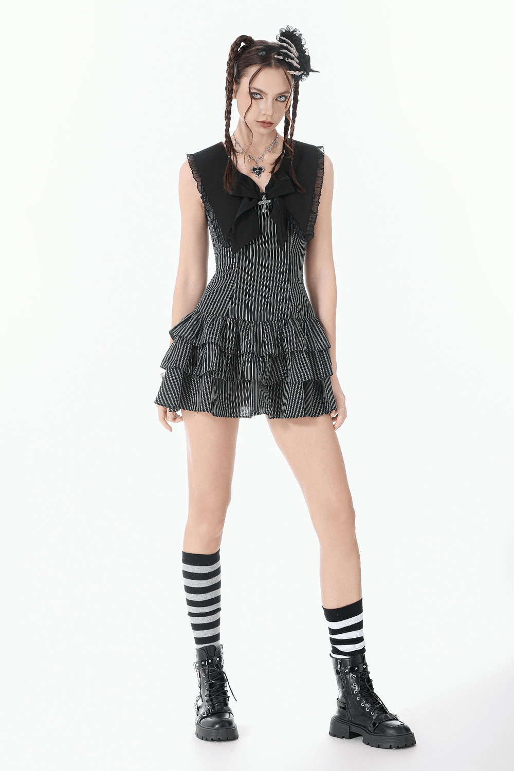 Striped Ruffle Dress with Bow and Lace-Up Back for Women