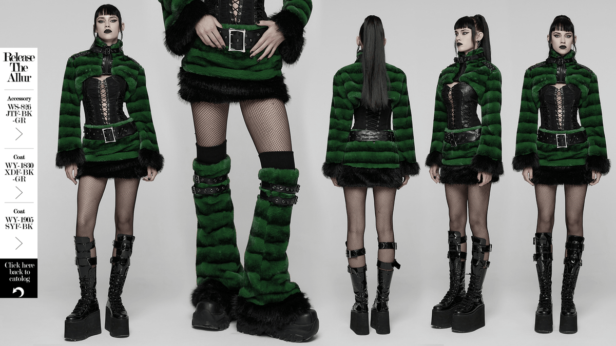 Stylish Black and Green Faux Fur Mini Skirt with Belt