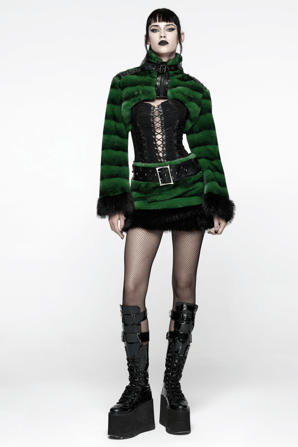Stylish Black and Green Faux Fur Mini Skirt with Belt