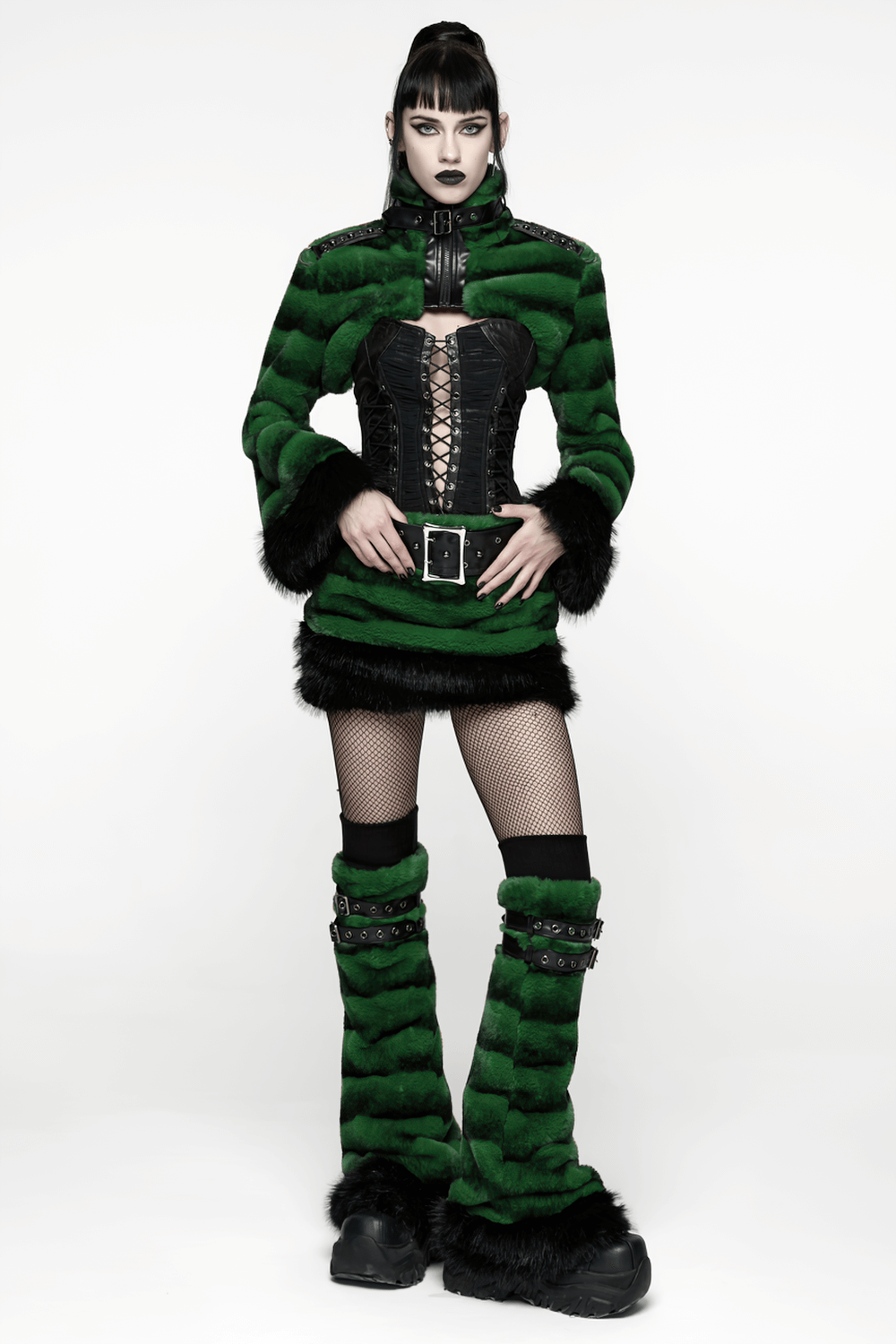 Stylish Black and Green Faux Fur Mini Skirt with Belt