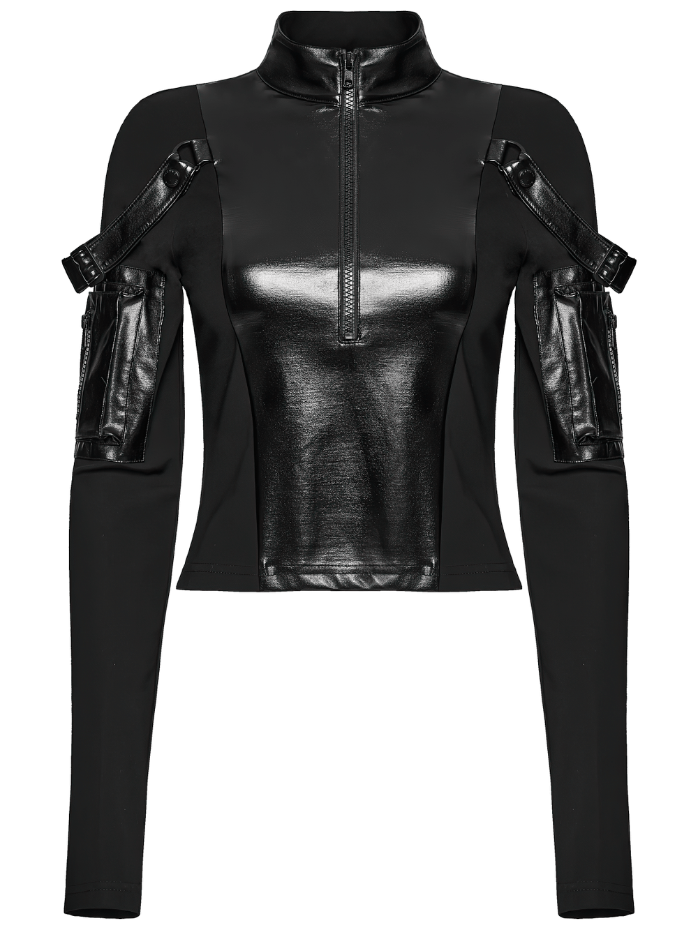 Stylish Black Cyberpunk Top with Utility Arm Pockets