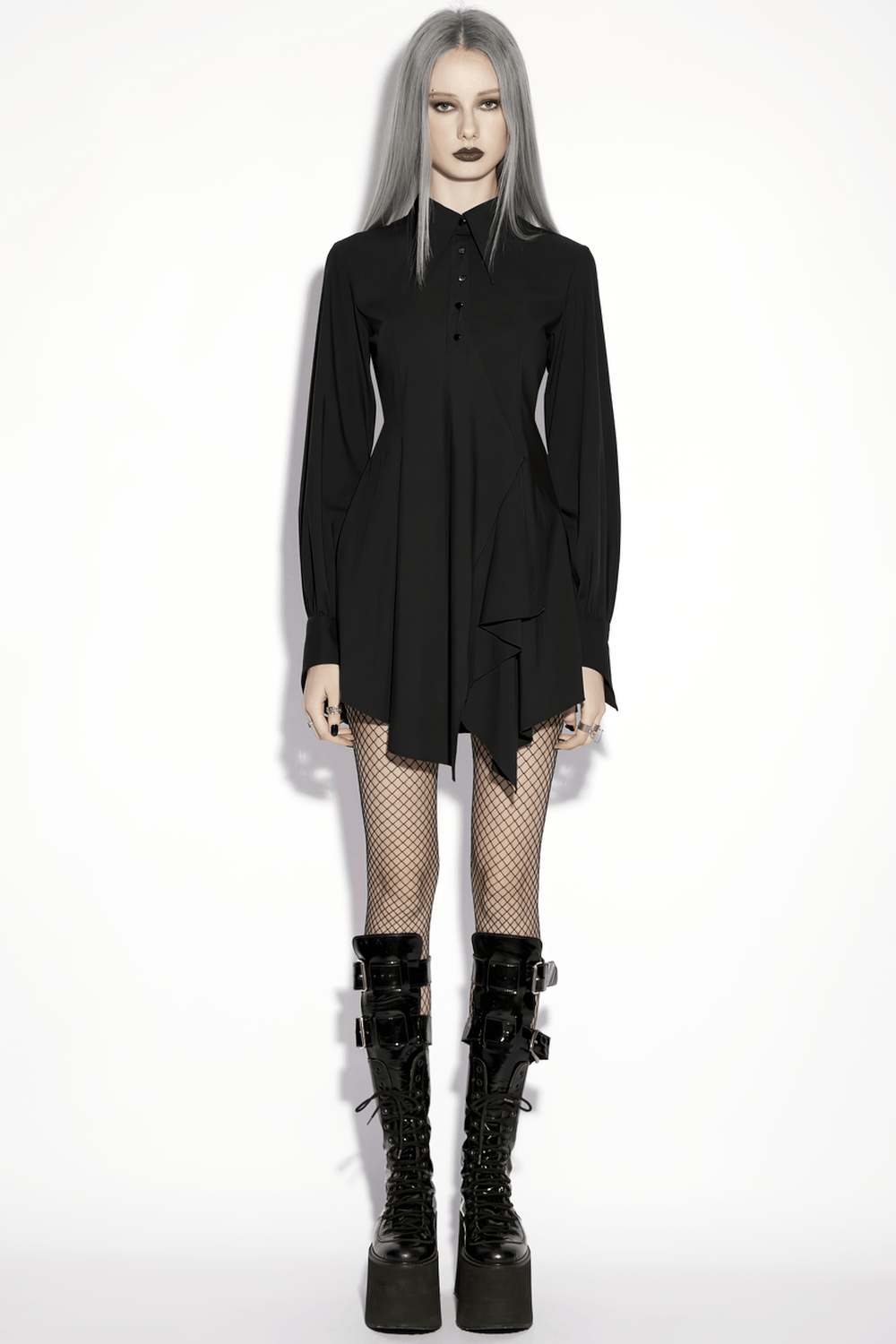 Stylish Black Gothic Asymmetrical Punk Shirt-Dress