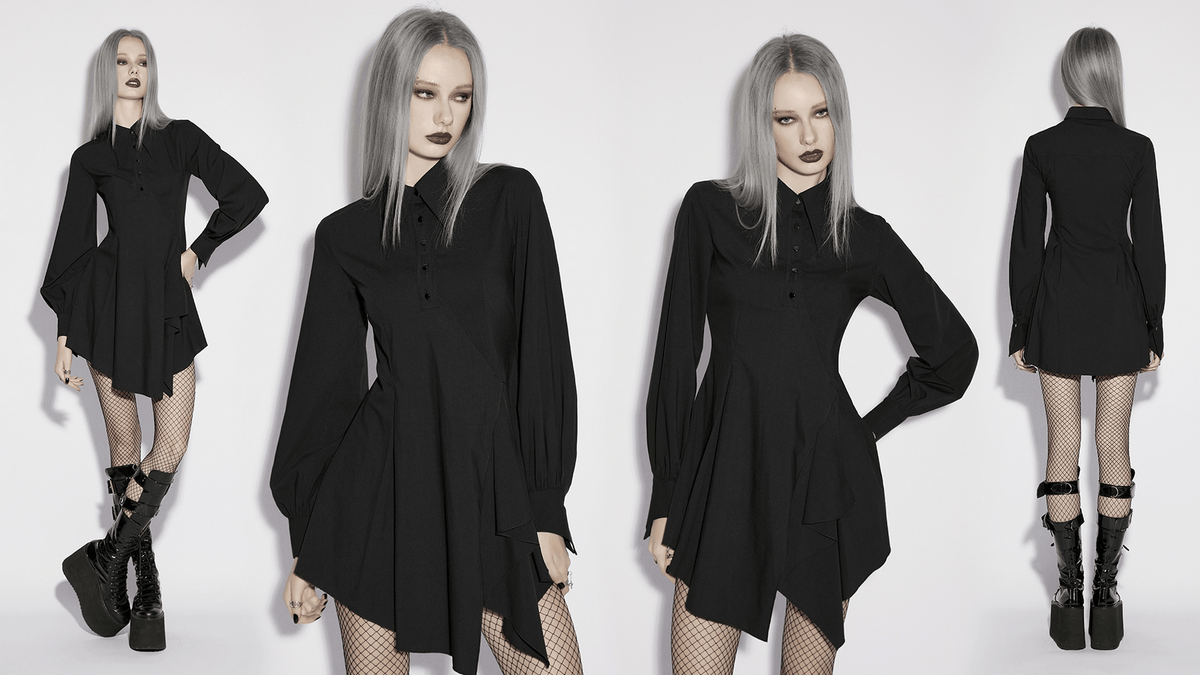Stylish Black Gothic Asymmetrical Punk Shirt-Dress