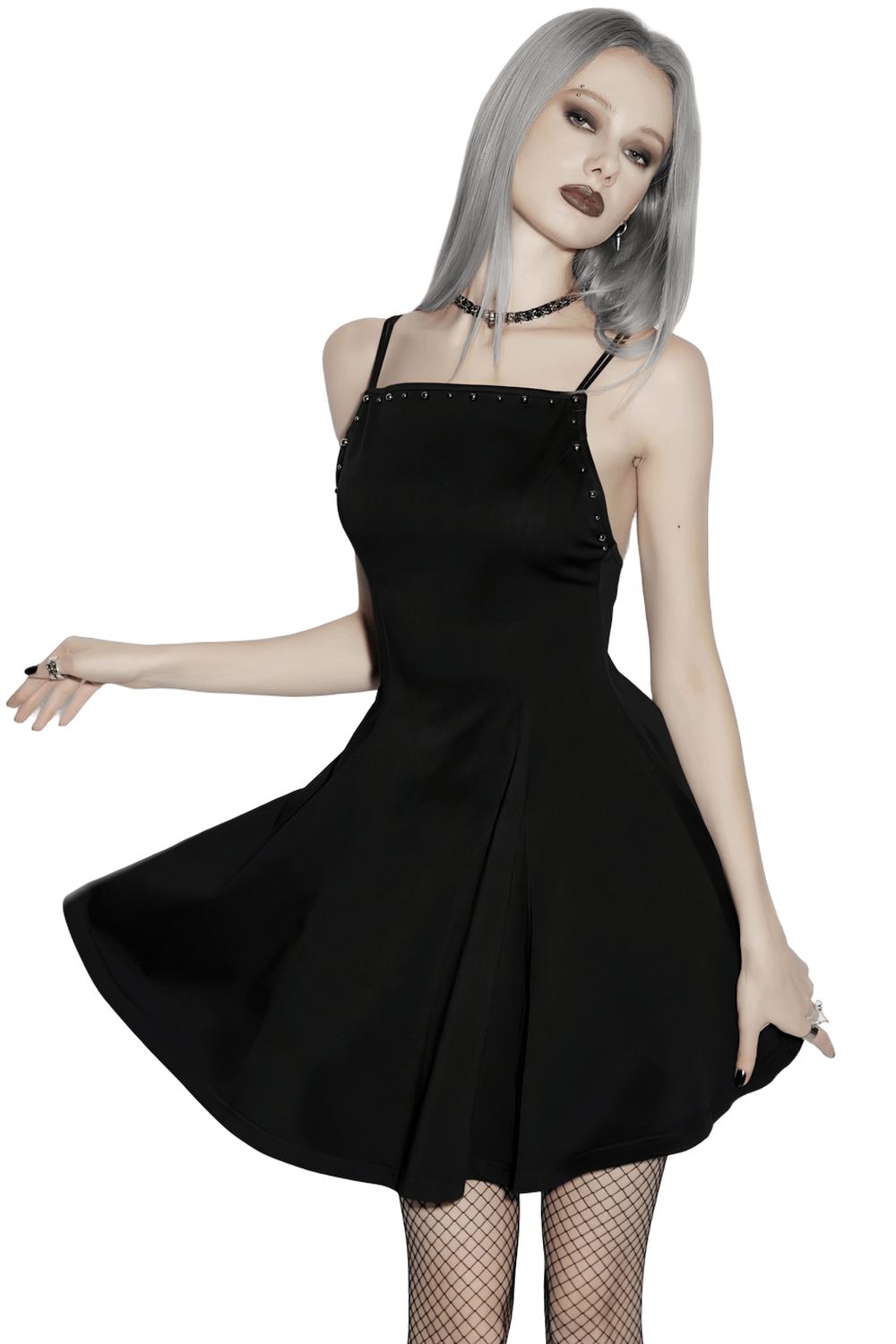 Stylish Black Gothic Studded Strappy A-Line Mini Dress