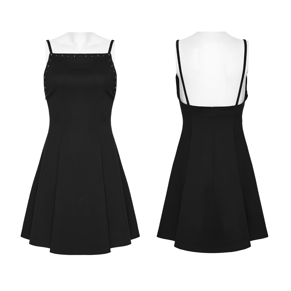 Stylish Black Gothic Studded Strappy A-Line Mini Dress