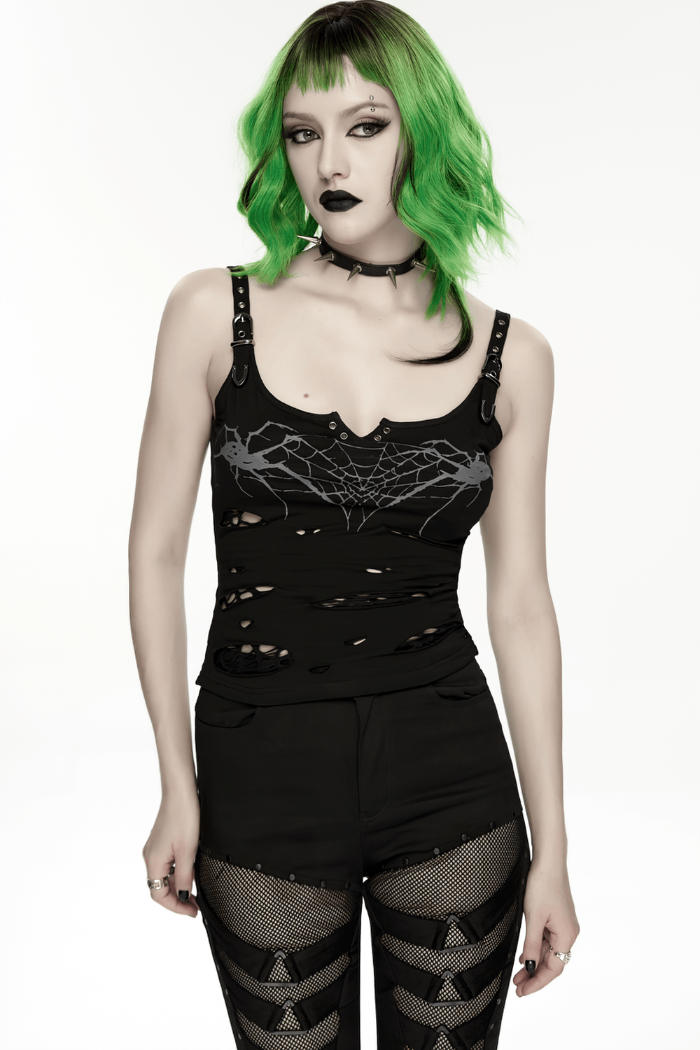 Stylish Black Spider Web Distressed Punk Camisole