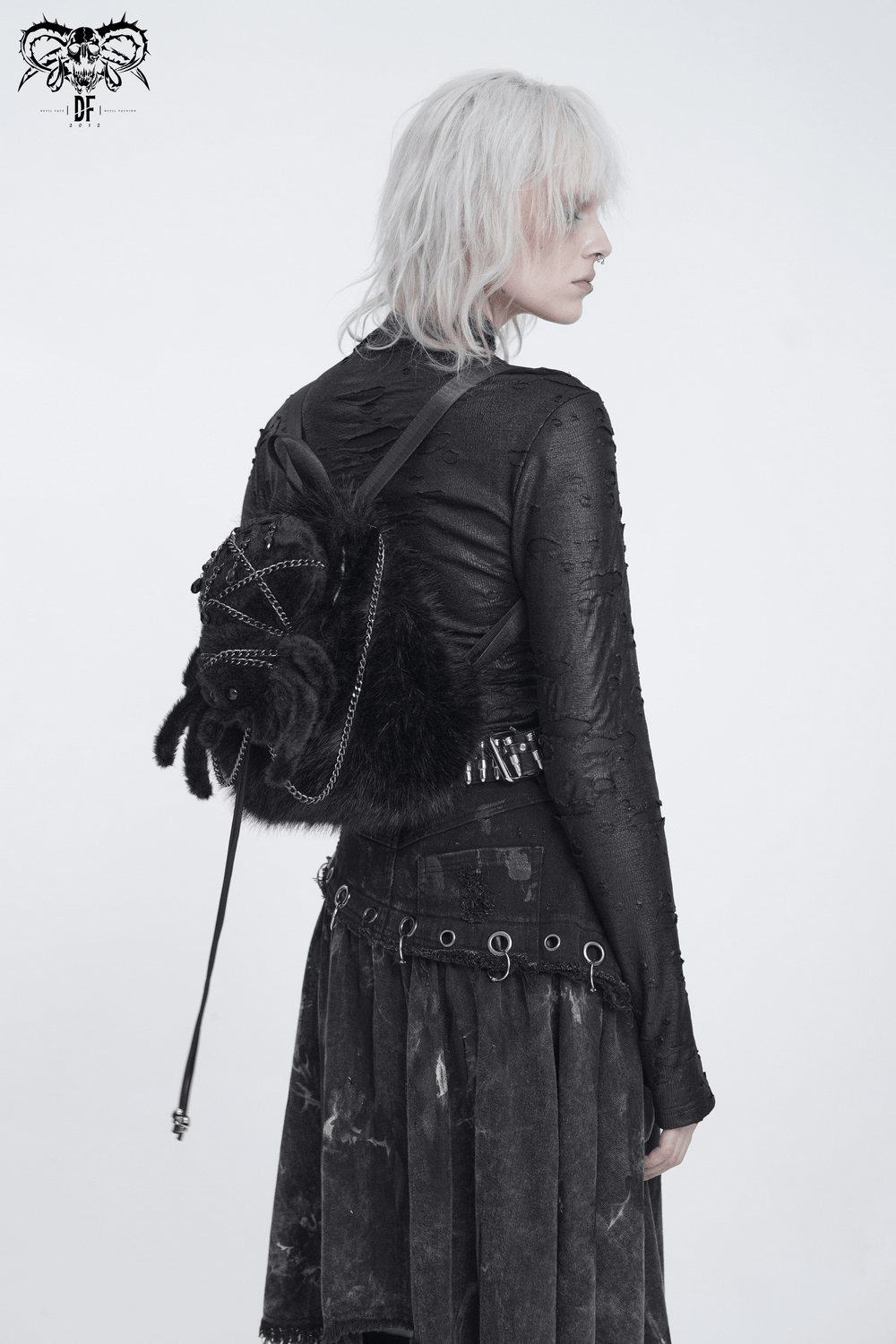 Stylish Female Skull Chain Backpack with Horn Detail