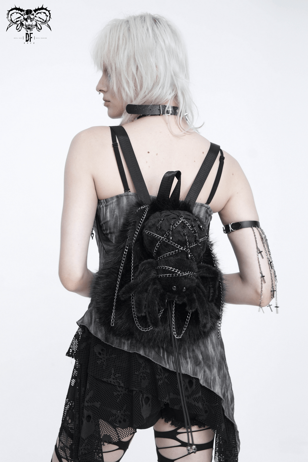 Stylish Female Skull Chain Backpack with Horn Detail