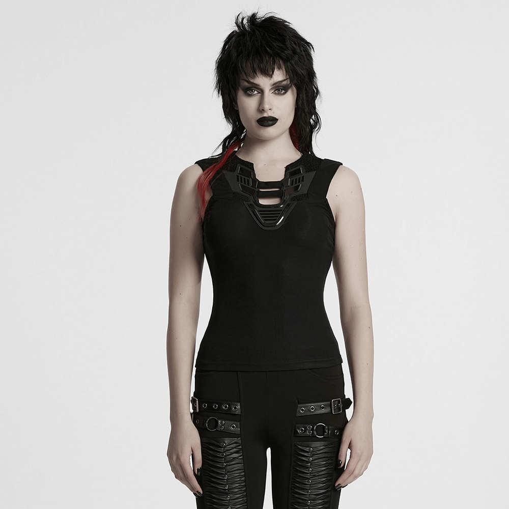 Stylish Futuristic Black Tank Top with Mesh Back