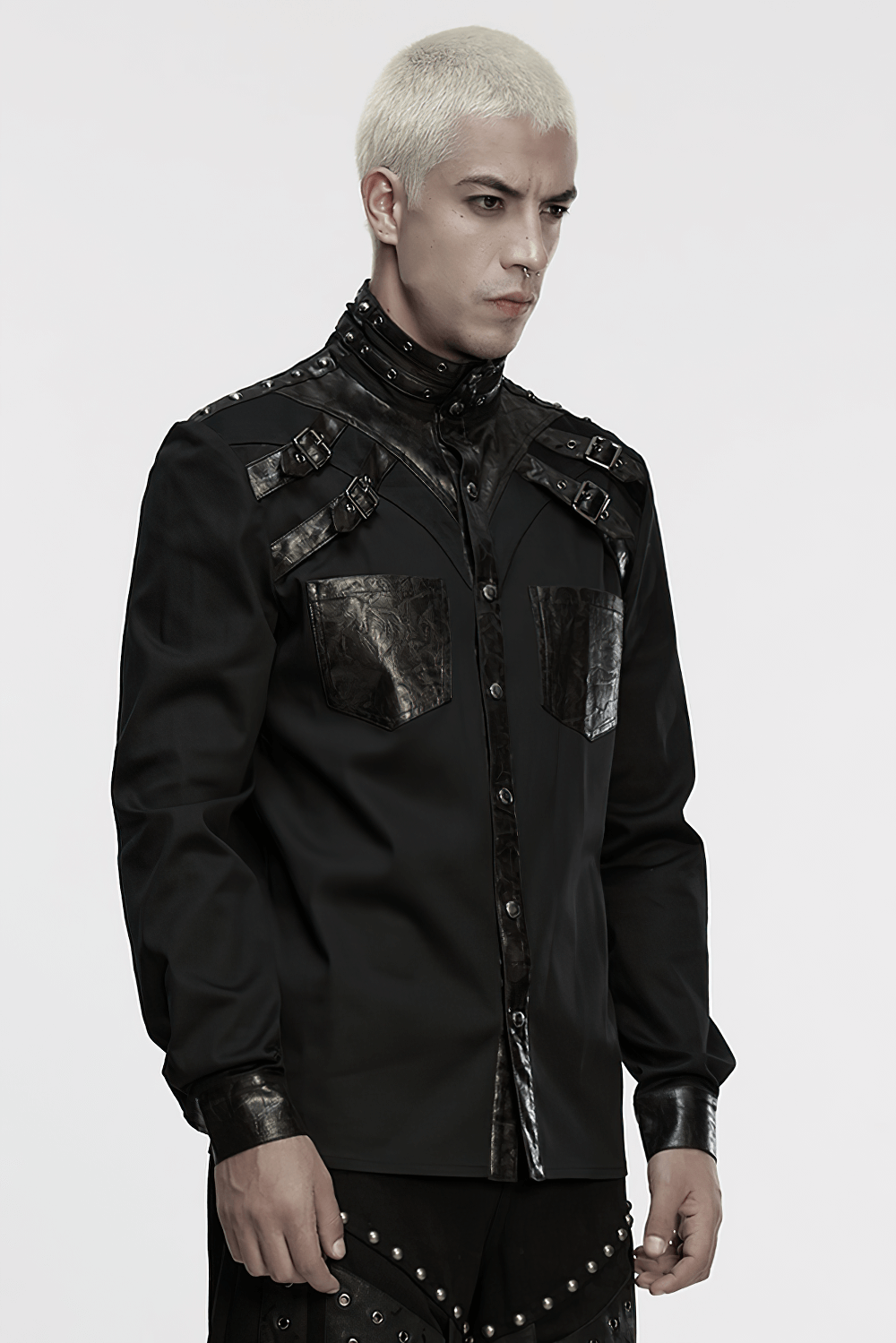 Stylish Gothic Buckled Faux Leather Patch Cyber Shirt