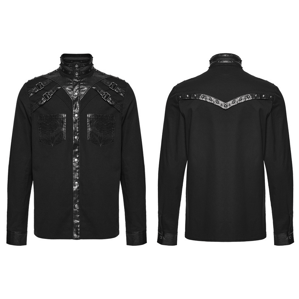 Stylish Gothic Buckled Faux Leather Patch Cyber Shirt