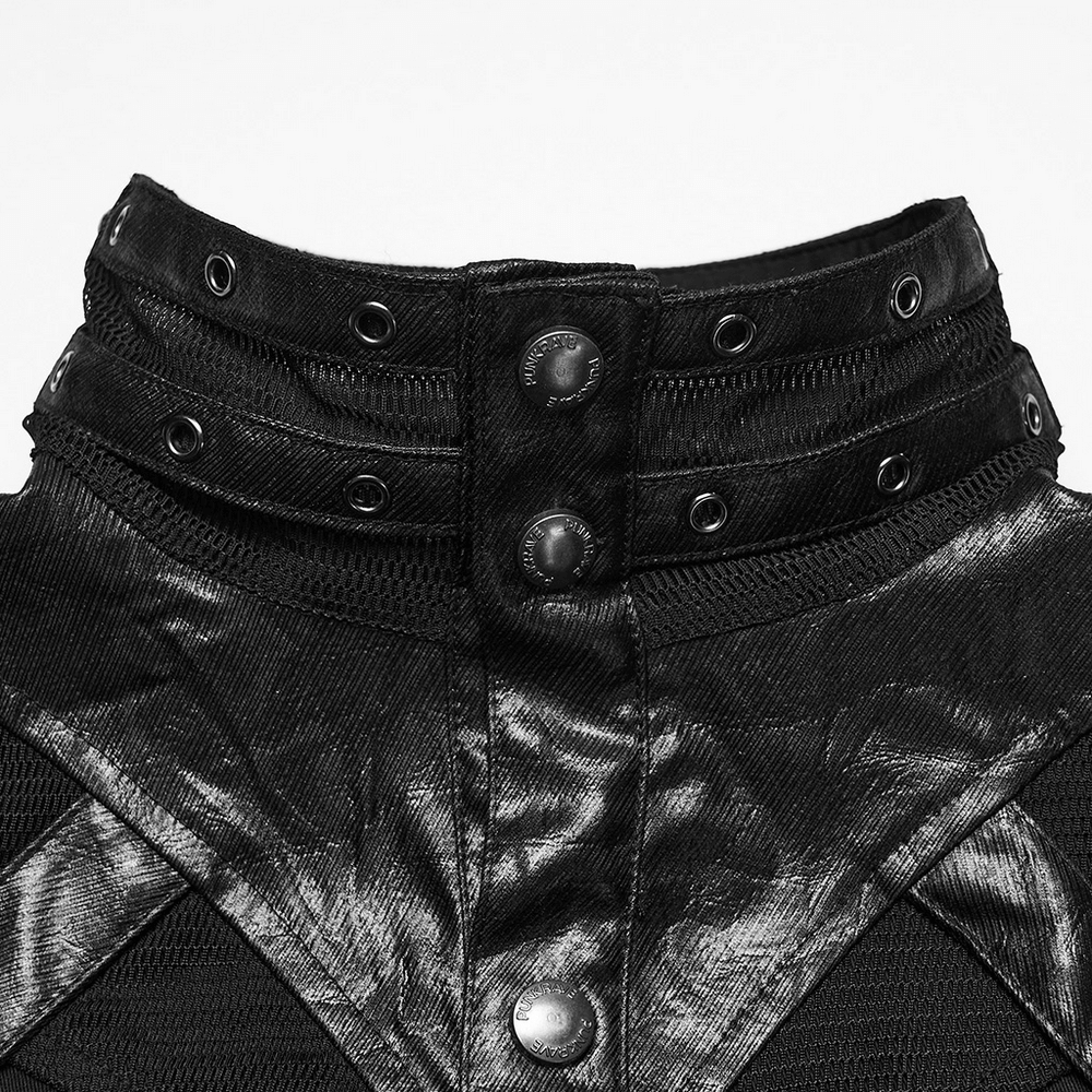 Stylish Gothic Buckled Faux Leather Patch Cyber Shirt