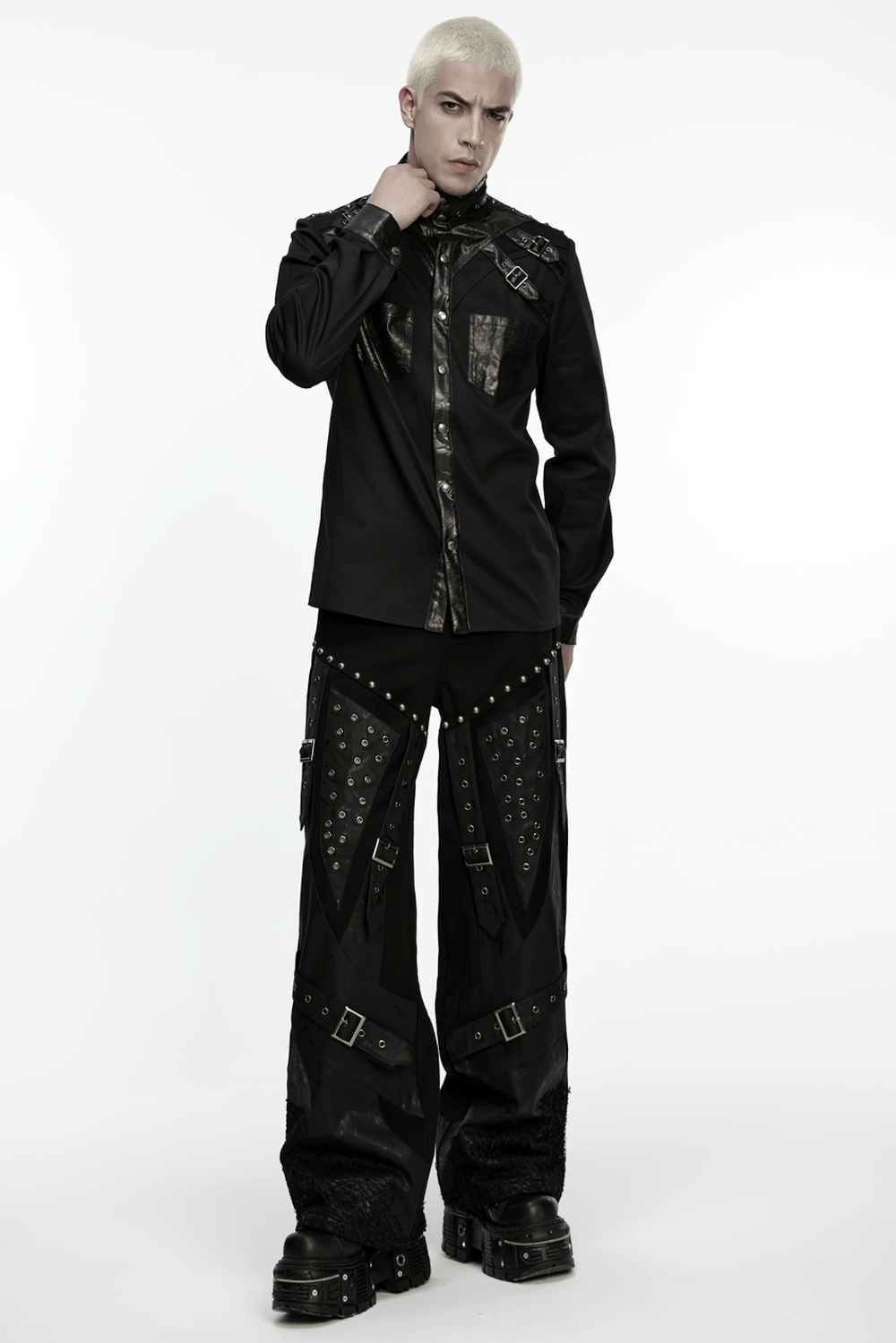 Stylish Gothic Buckled Faux Leather Patch Cyber Shirt