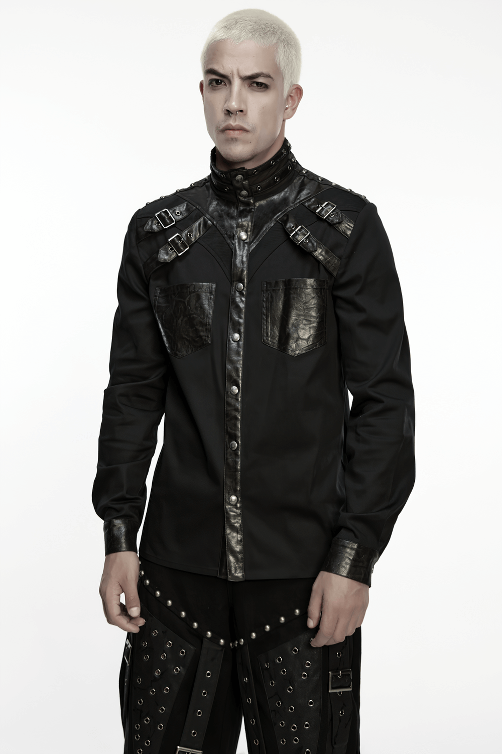 Stylish Gothic Buckled Faux Leather Patch Cyber Shirt