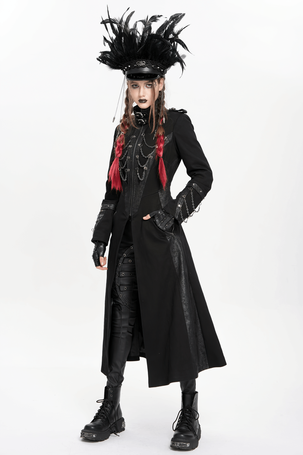 Stylish Gothic Long Coat with Chains and High Collar