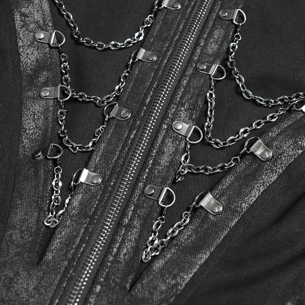 Stylish Gothic Long Coat with Chains and High Collar