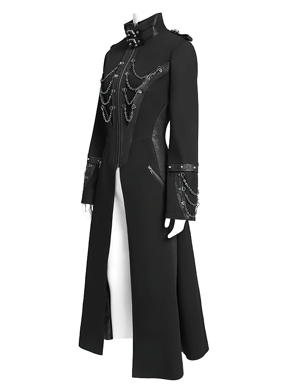 Stylish Gothic Long Coat with Chains and High Collar