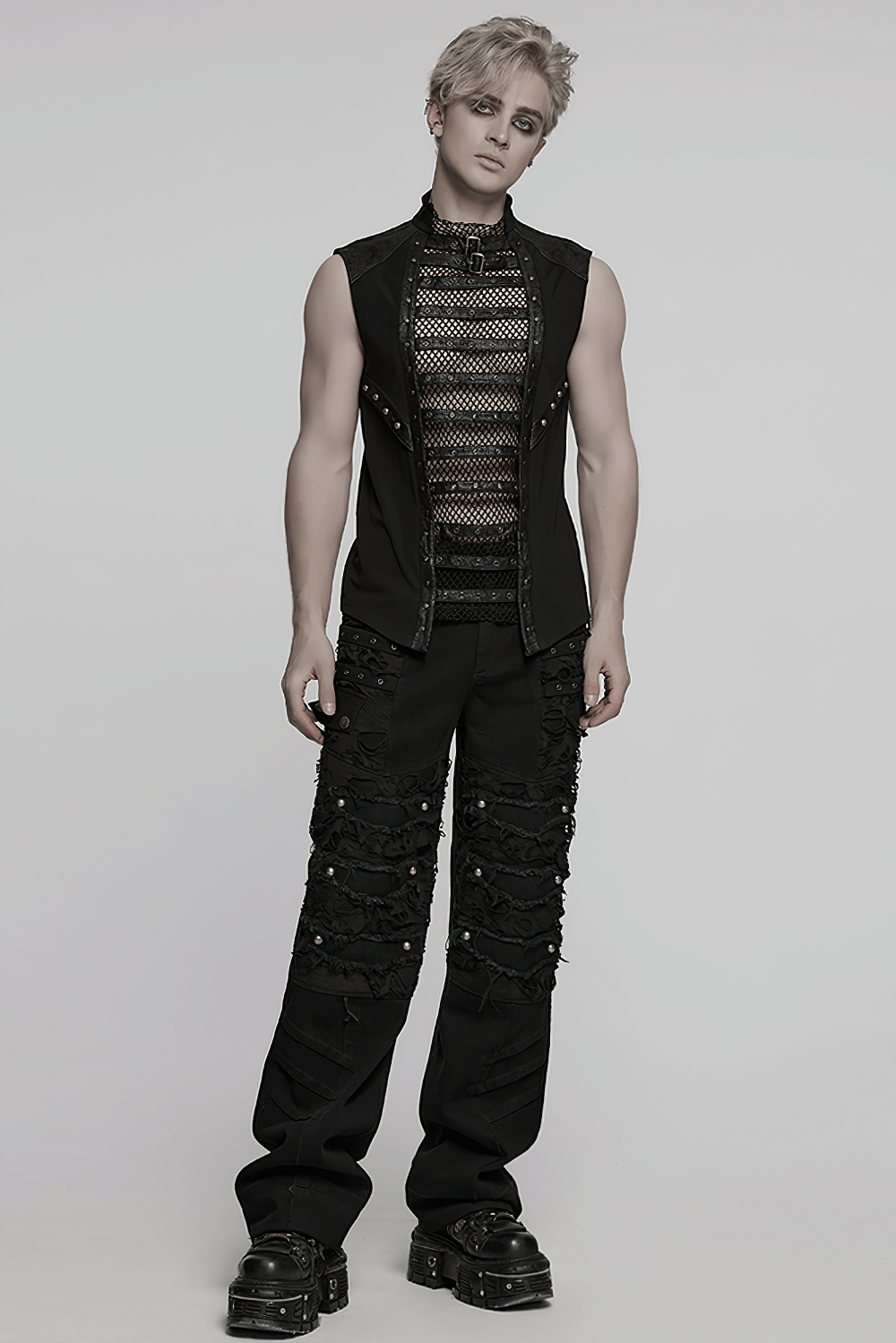 Stylish Gothic Mesh Vest with Faux Leather Trim