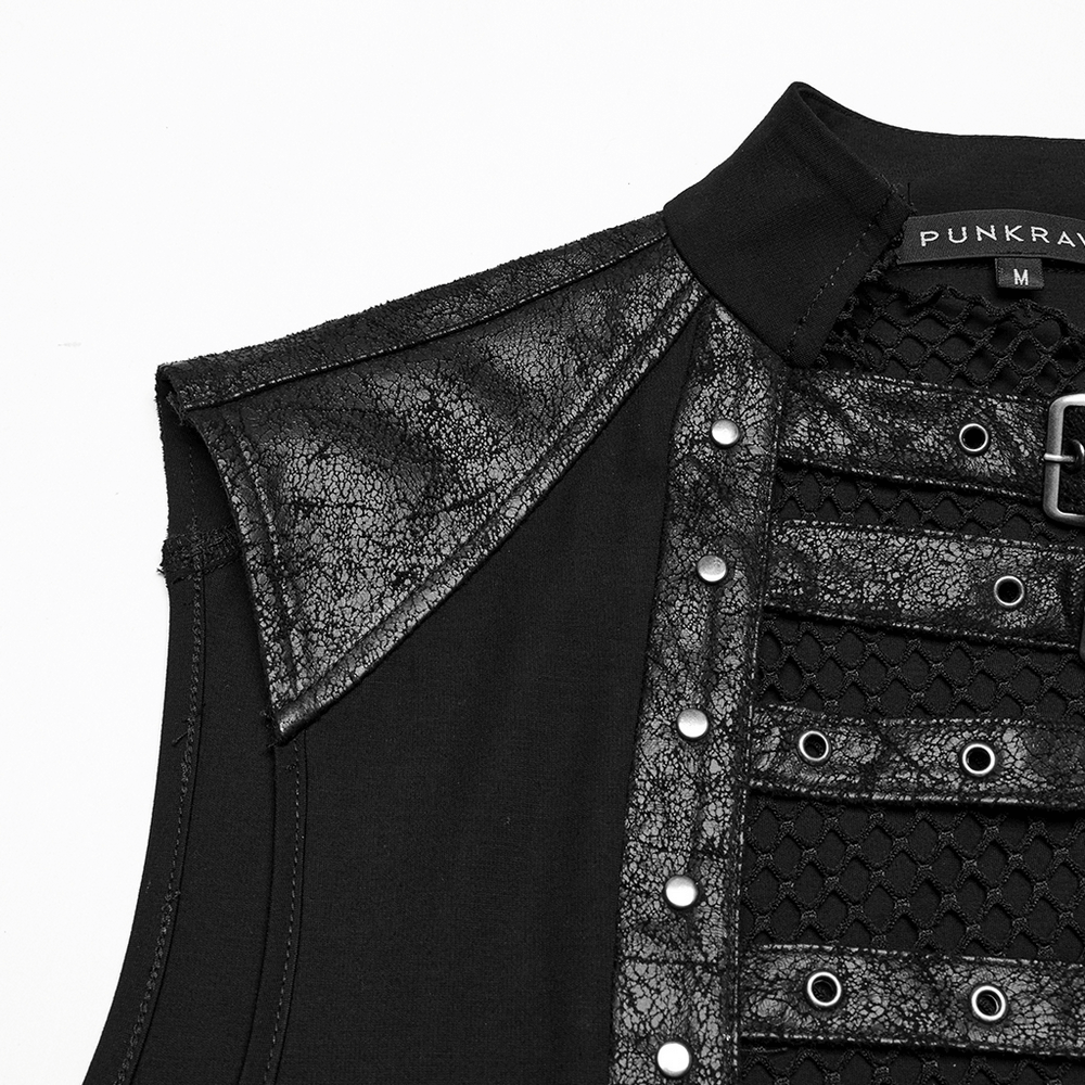 Stylish Gothic Mesh Vest with Faux Leather Trim