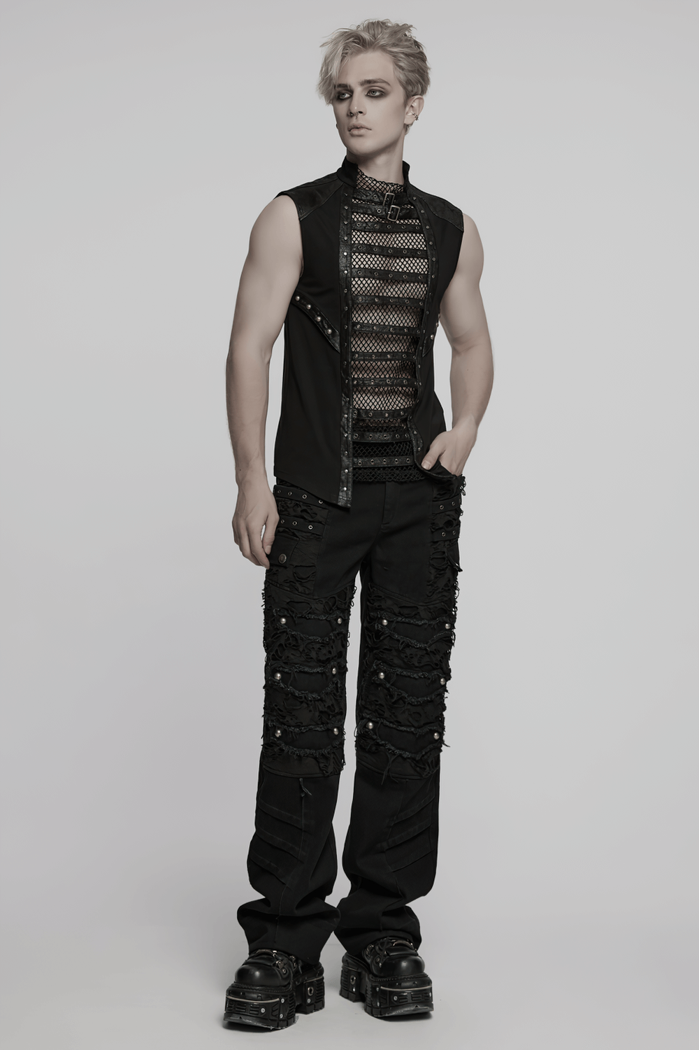 Stylish Gothic Mesh Vest with Faux Leather Trim