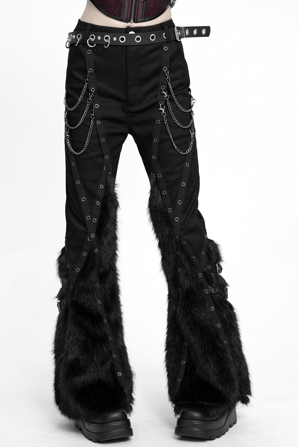 Stylish Punk Faux Fur Flared Pants with Side Chains