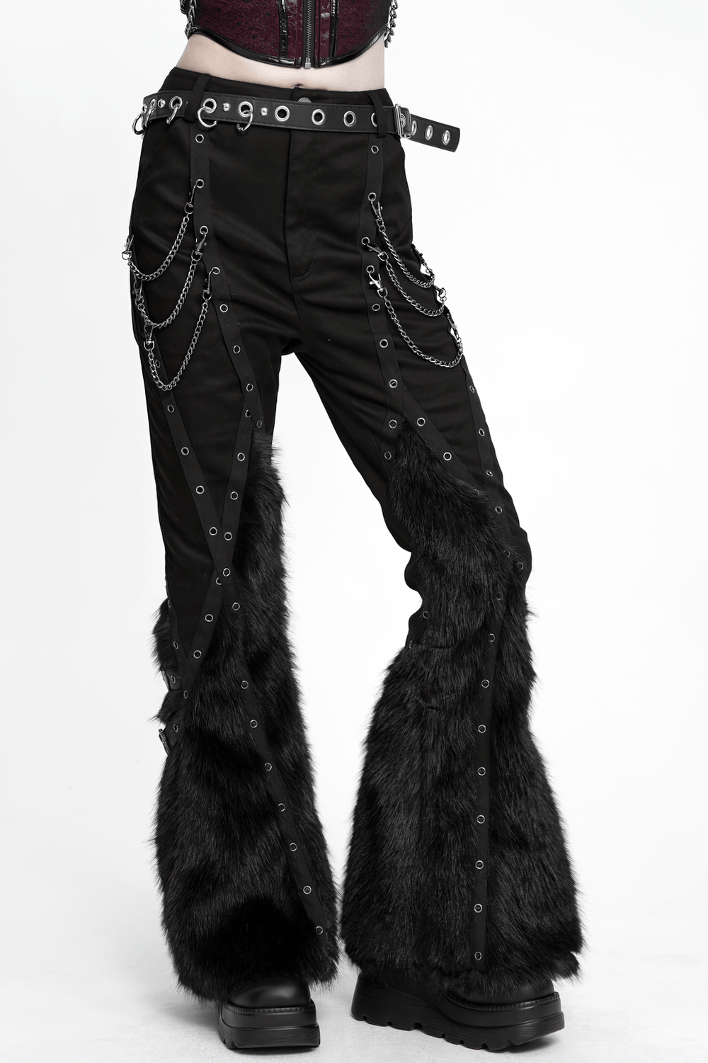 Stylish Punk Faux Fur Flared Pants with Side Chains