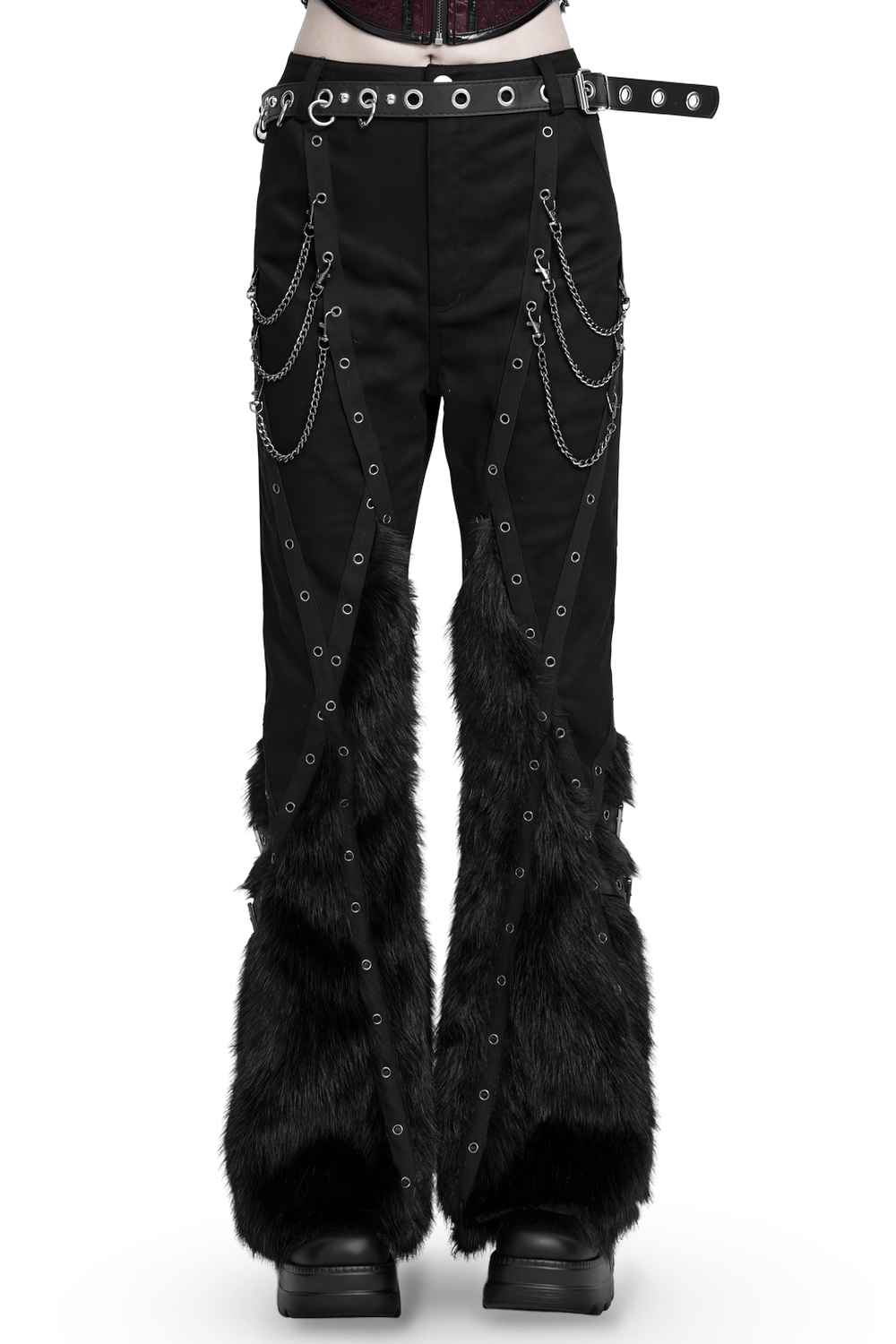 Stylish Punk Faux Fur Flared Pants with Side Chains