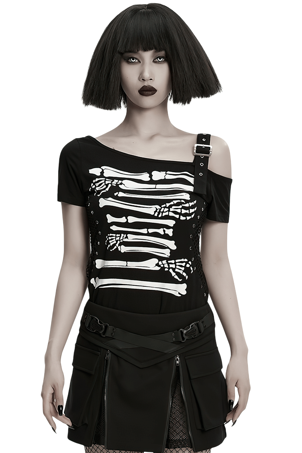 Stylish Skeleton Print T-Shirt with Studded Strap Detail